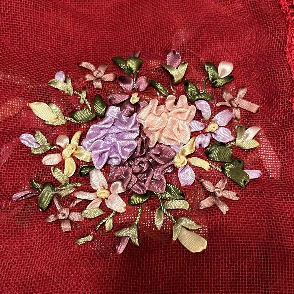Sheer Red Satin Lined Ribbon Flowers Lace Wristlet Pouch